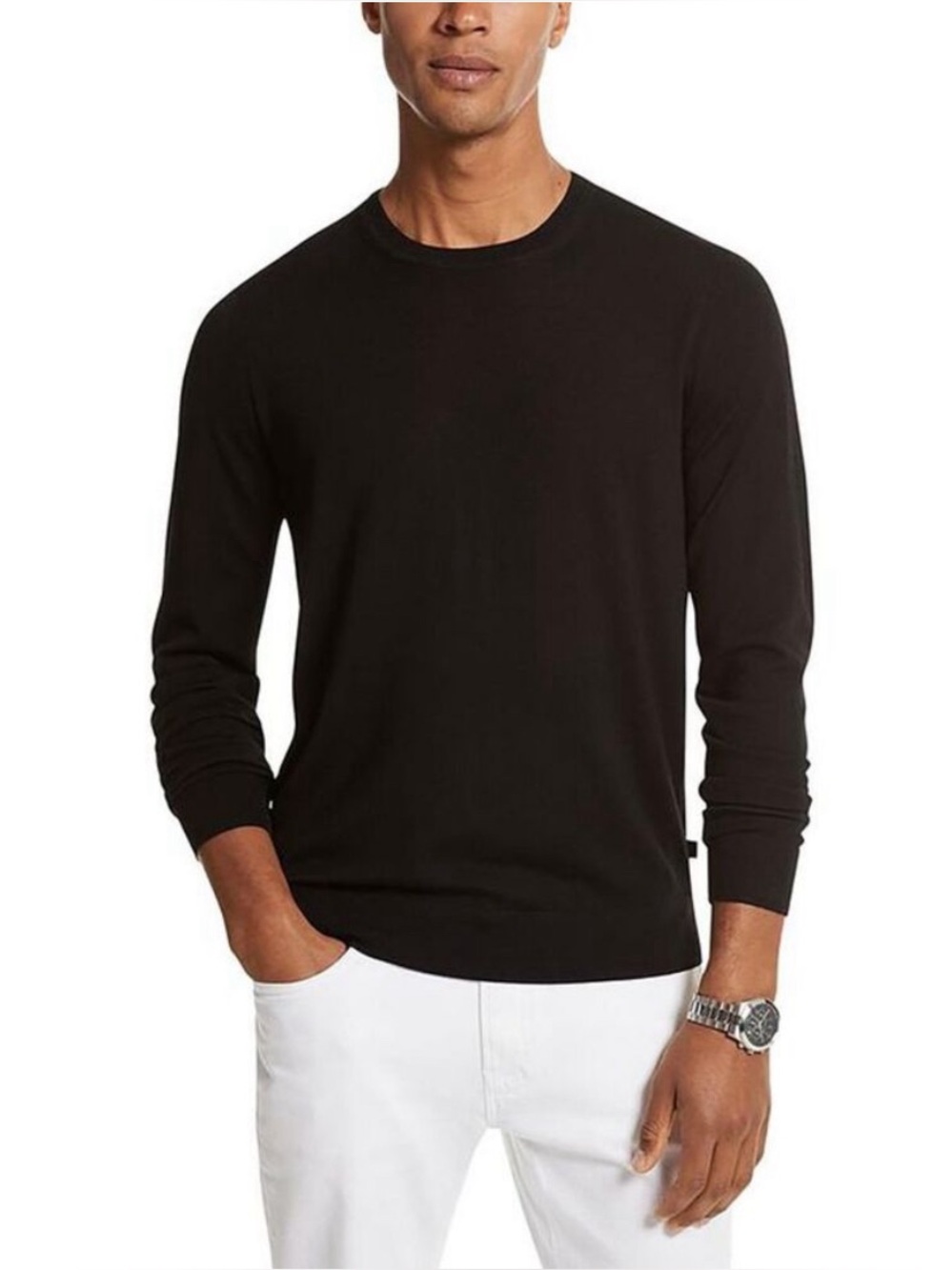 Michael Kors Mens Black Knit Extra Fine Merino Wool Crewneck Sweater Size Large